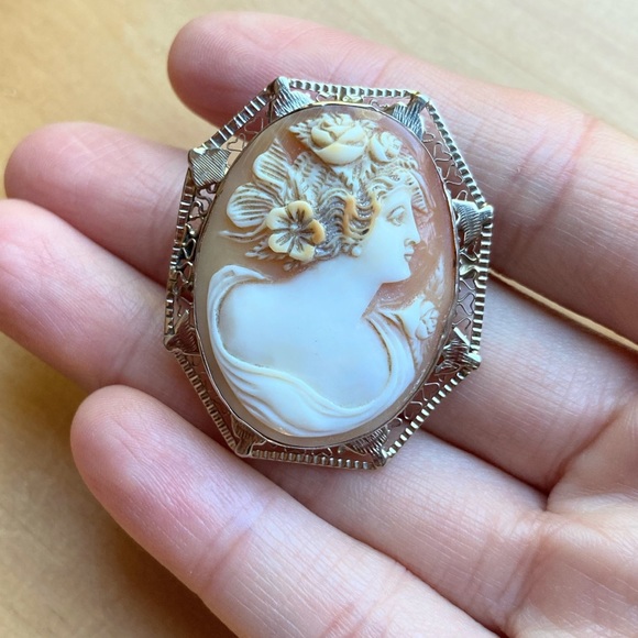 *HP* Antique Victorian 14k white gold filigree cameo hand carved brooch pendant - Picture 9 of 15